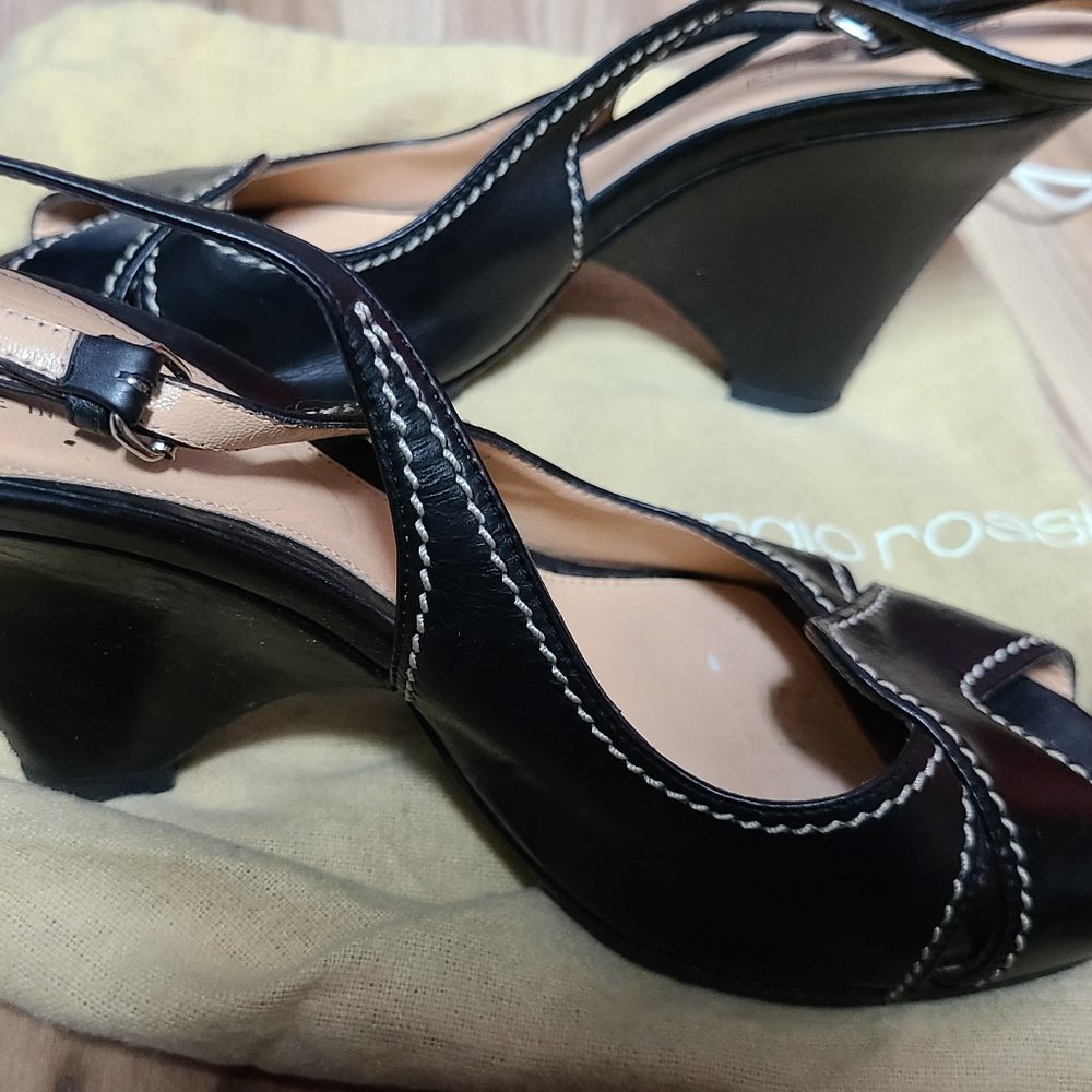 Sergio Rossi black leather wedge sandals